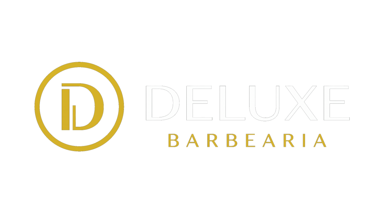 Lockup horizontal da Deluxe Barbearia em amarelo