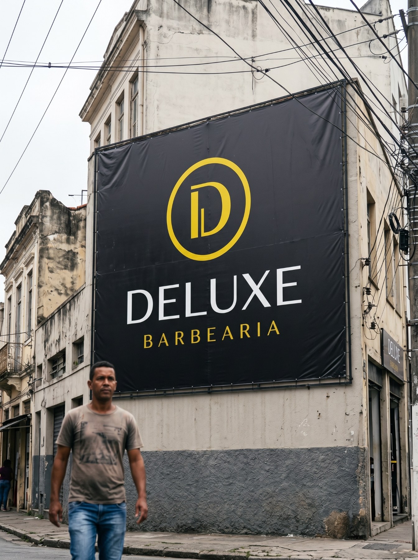 Banner e letreiro grande da Deluxe Barbearia na rua