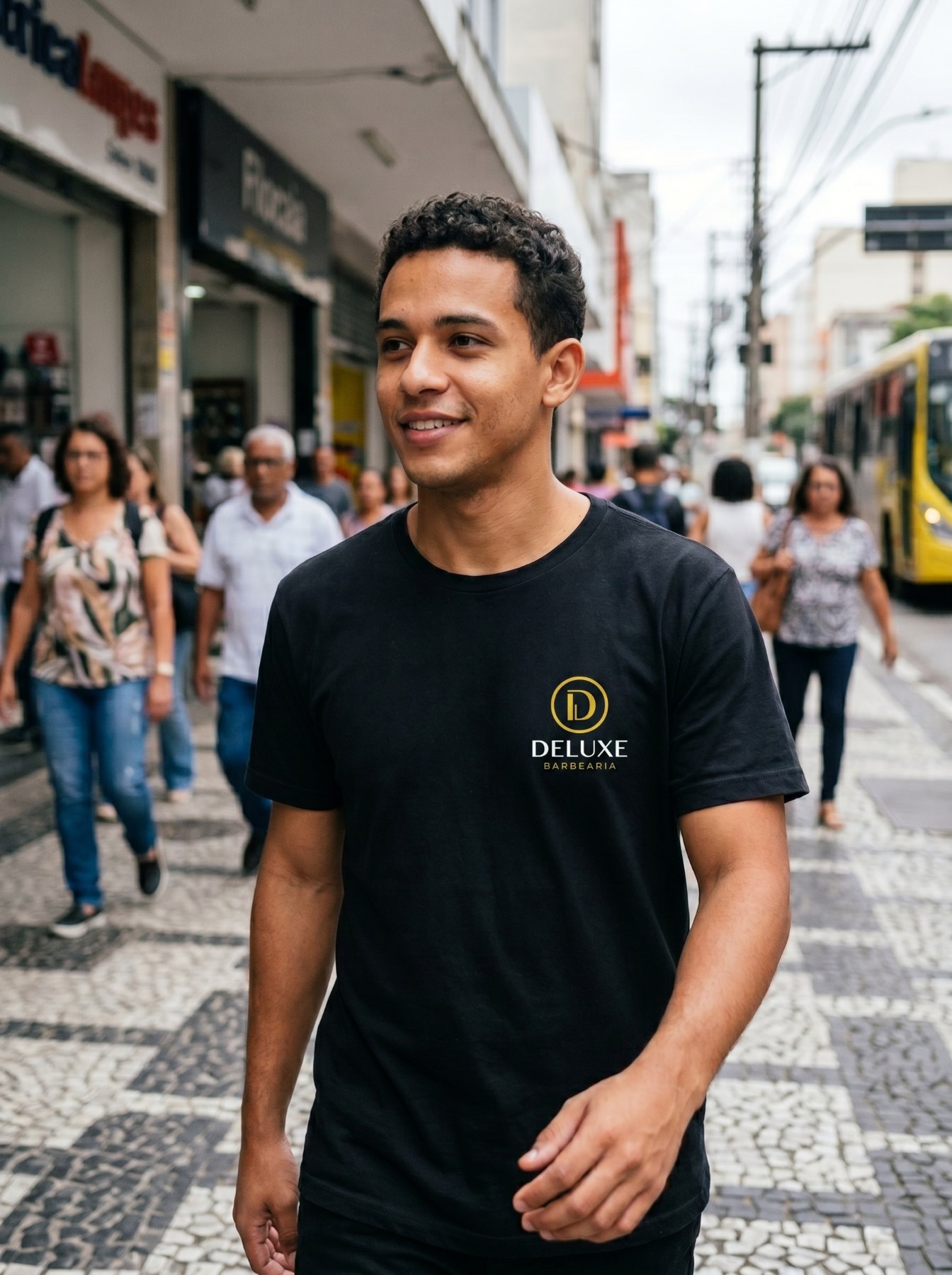 Cliente usando a camisa da Deluxe na rua