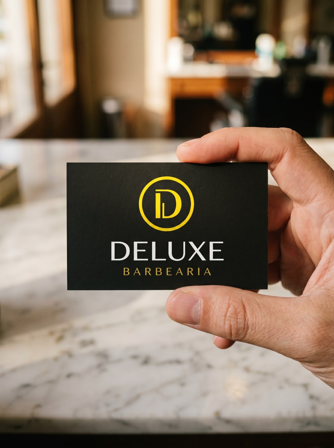 Cartões pretos com o logo da Deluxe sobre mármore