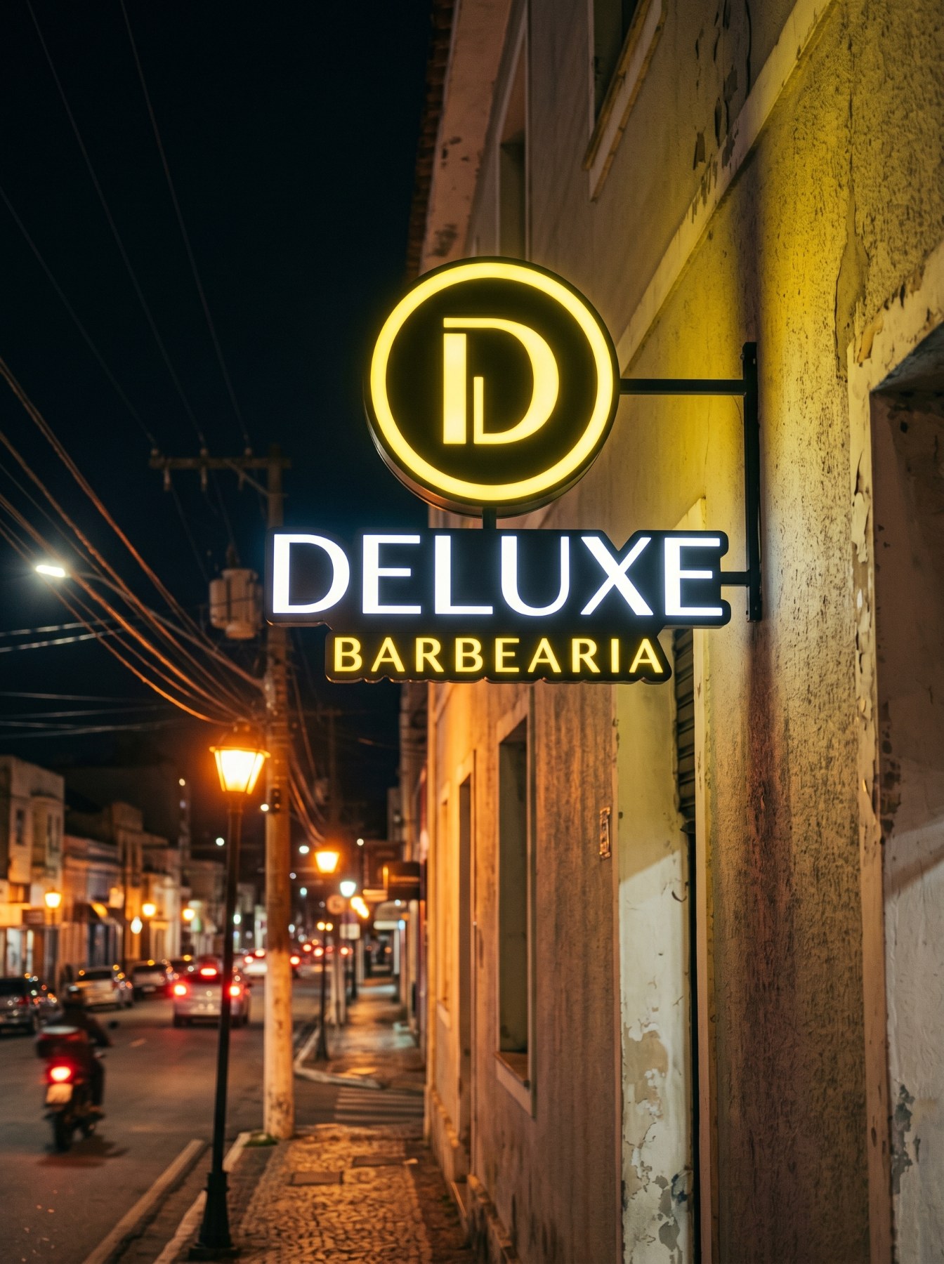 Letreiro iluminado da Deluxe na rua