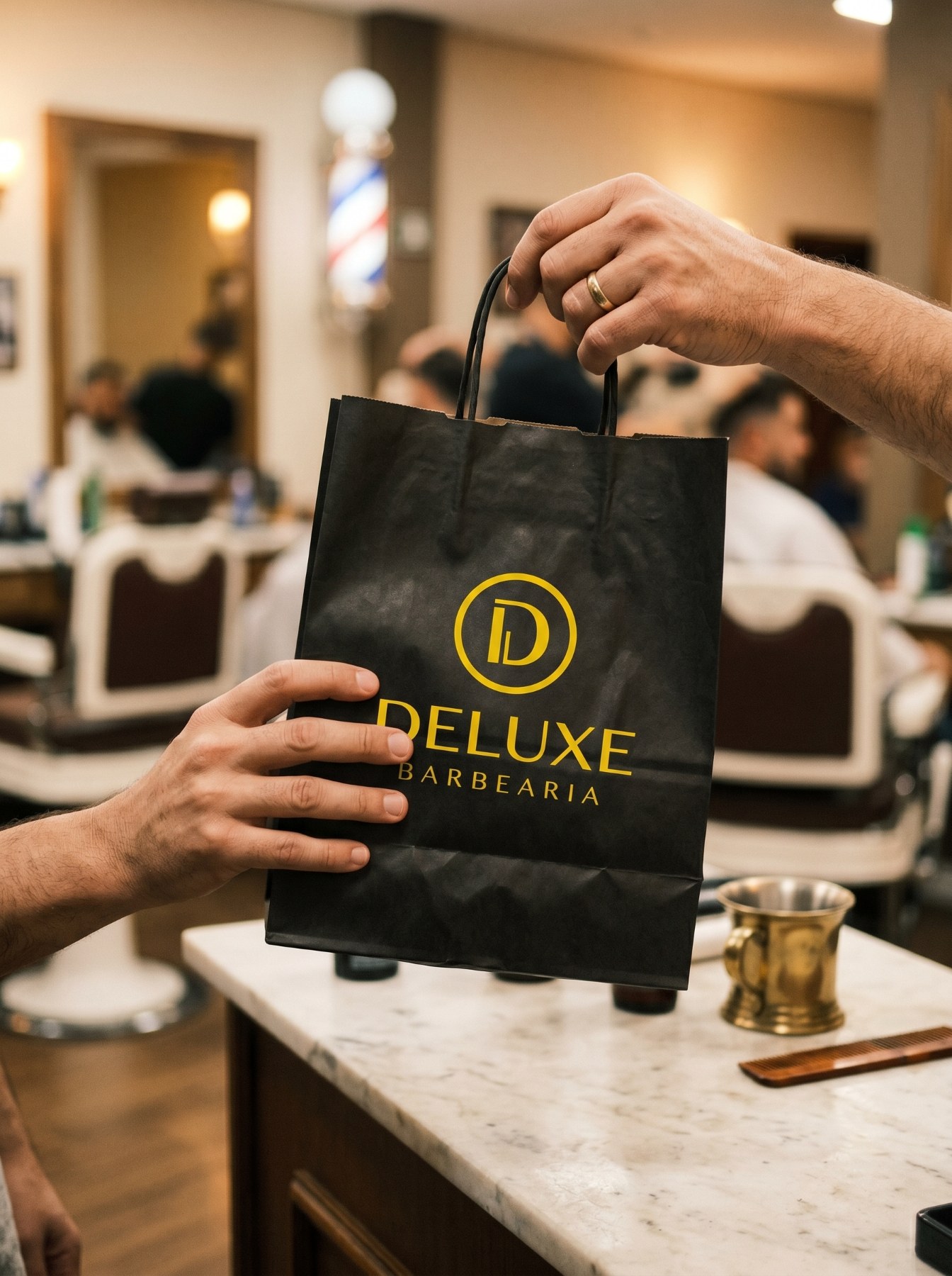 Sacola preta com o lockup Deluxe Barbearia