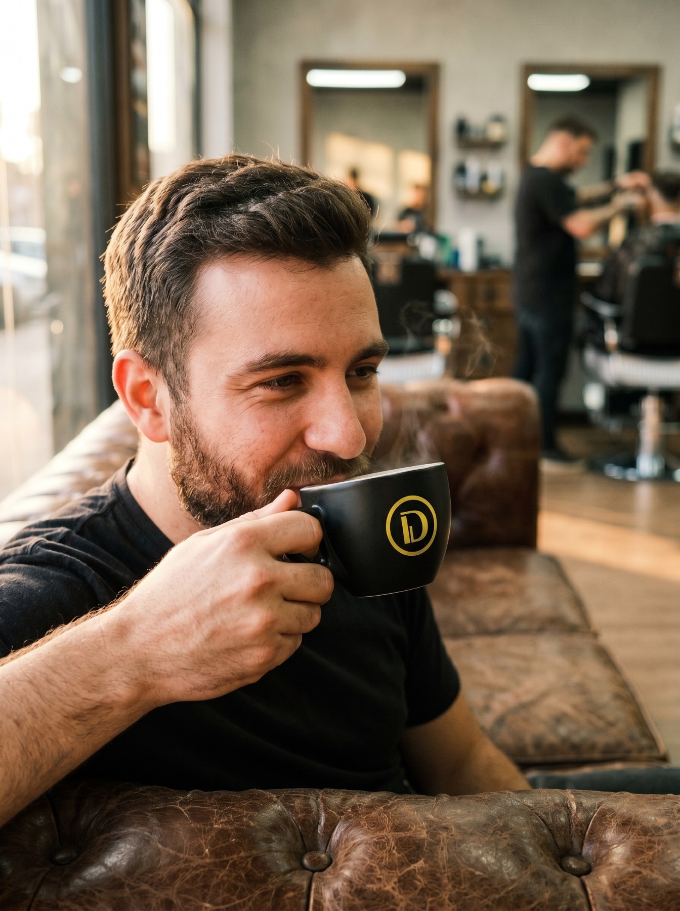 Xícara de café preta com o D no lounge