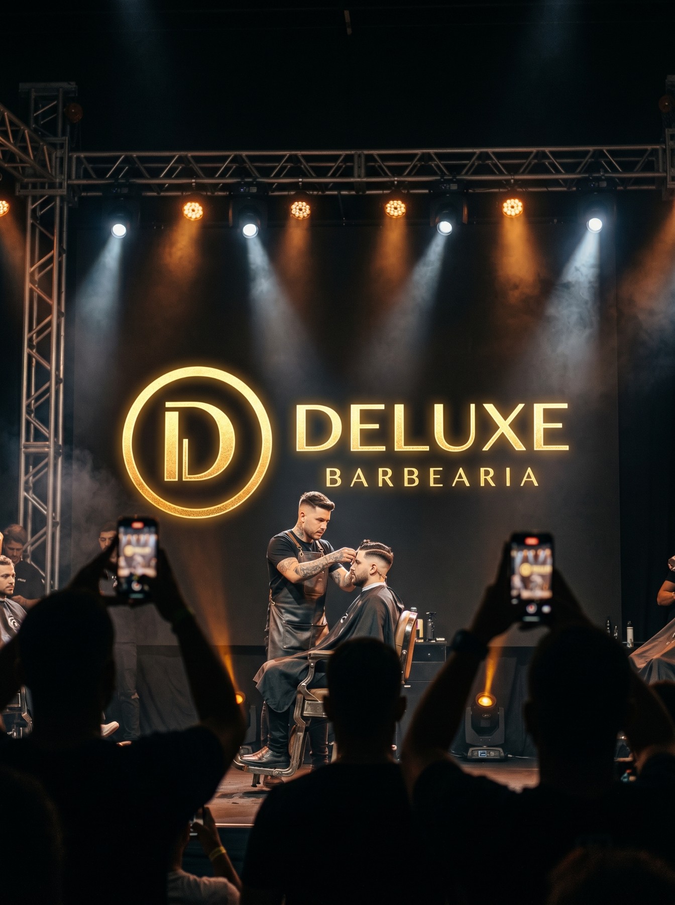 Palco de evento com o backdrop da Deluxe Barbearia e público