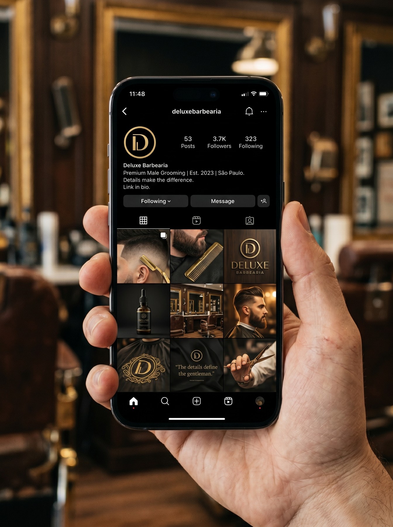 Celular com o perfil de Instagram da Deluxe Barbearia