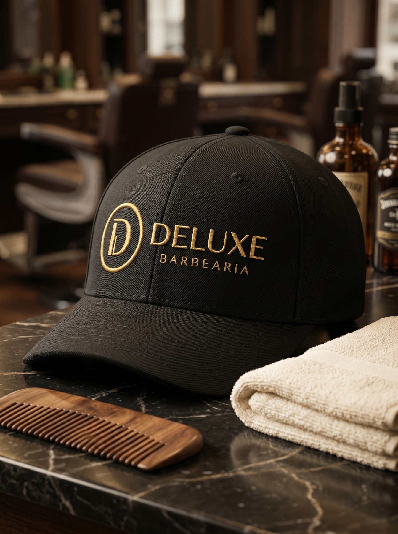 Boné preto Deluxe Barbearia sobre toalha