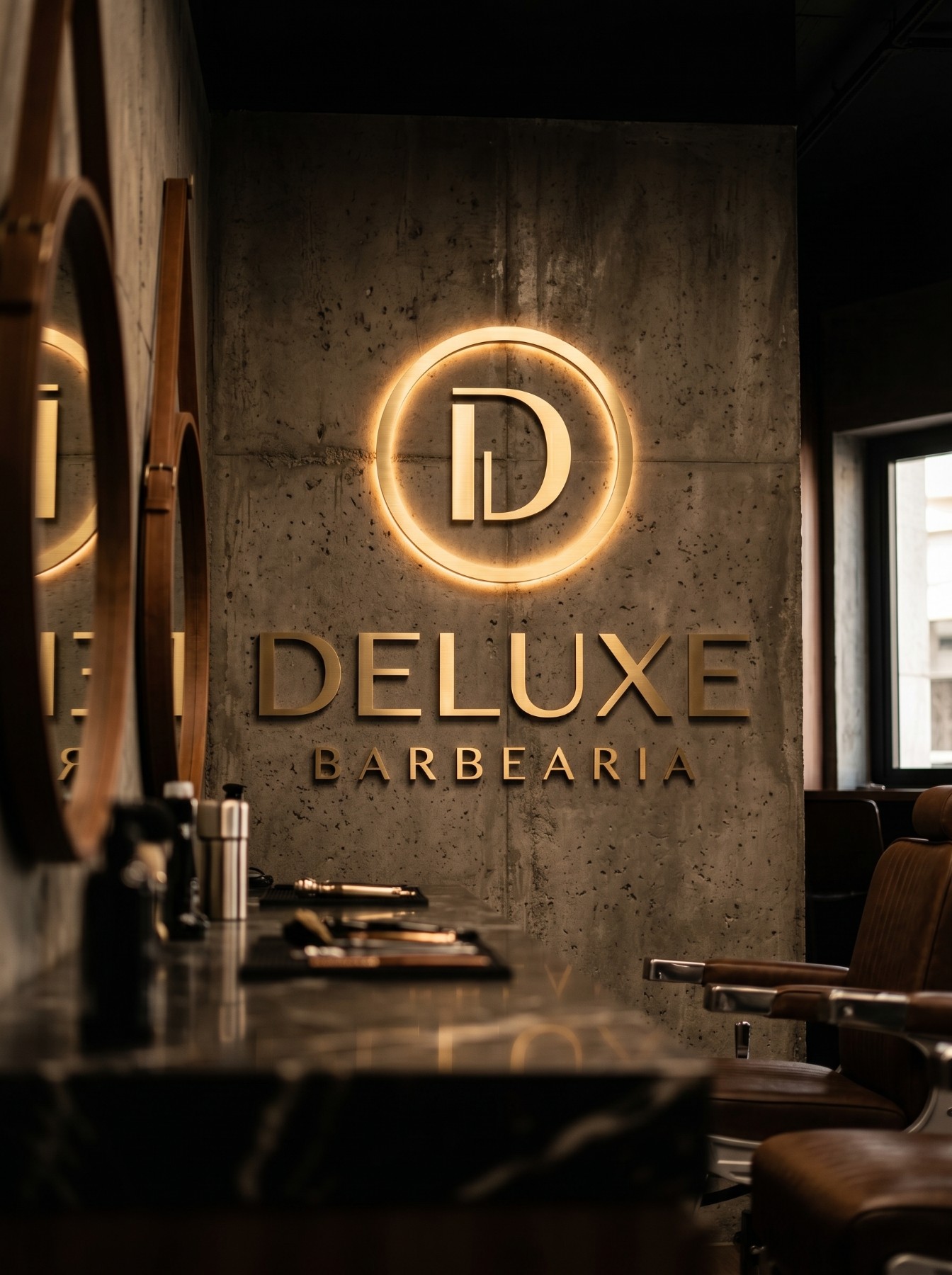 Interior da barbearia com letreiro iluminado da Deluxe