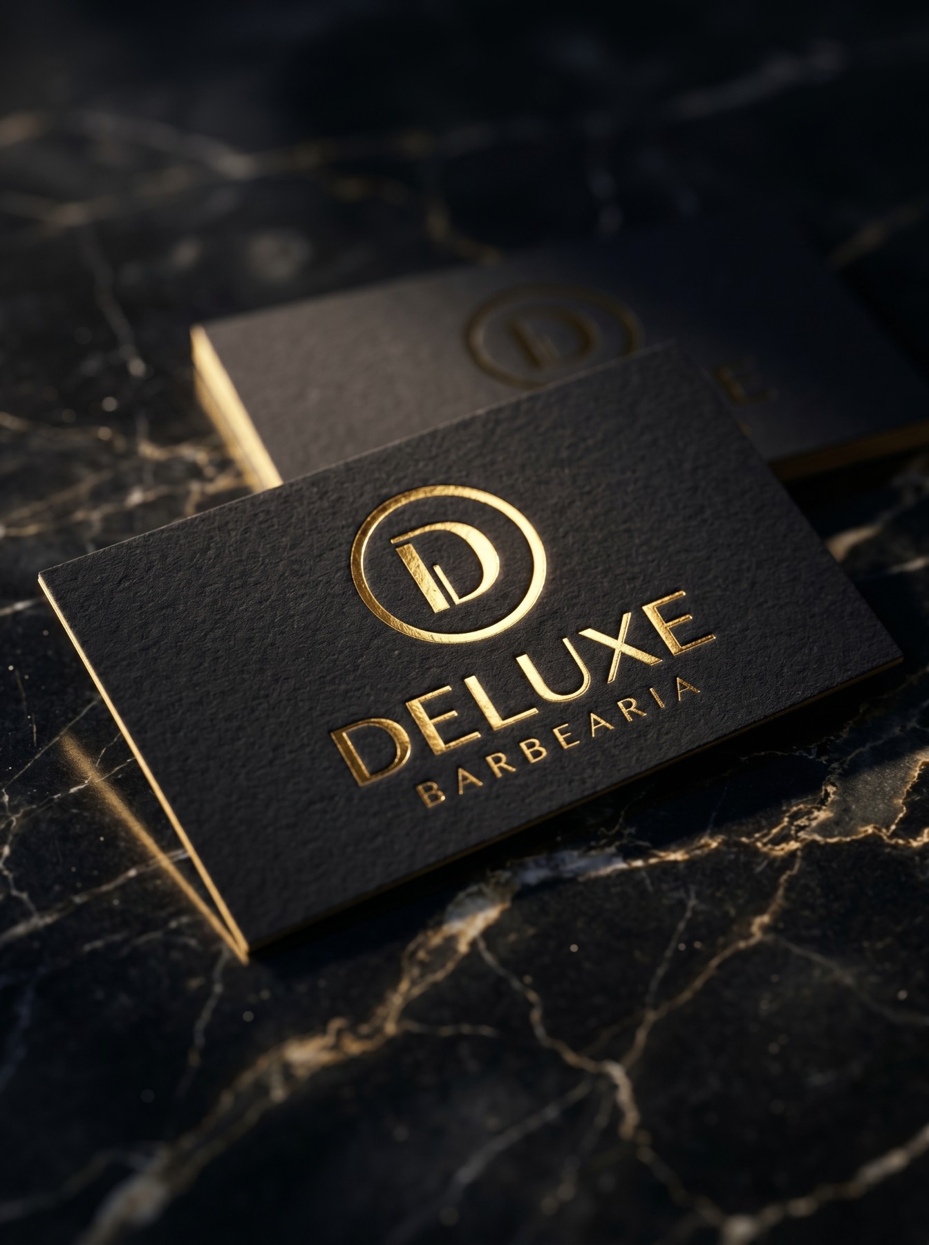 Cartões pretos com o logo dourado da Deluxe sobre mármore