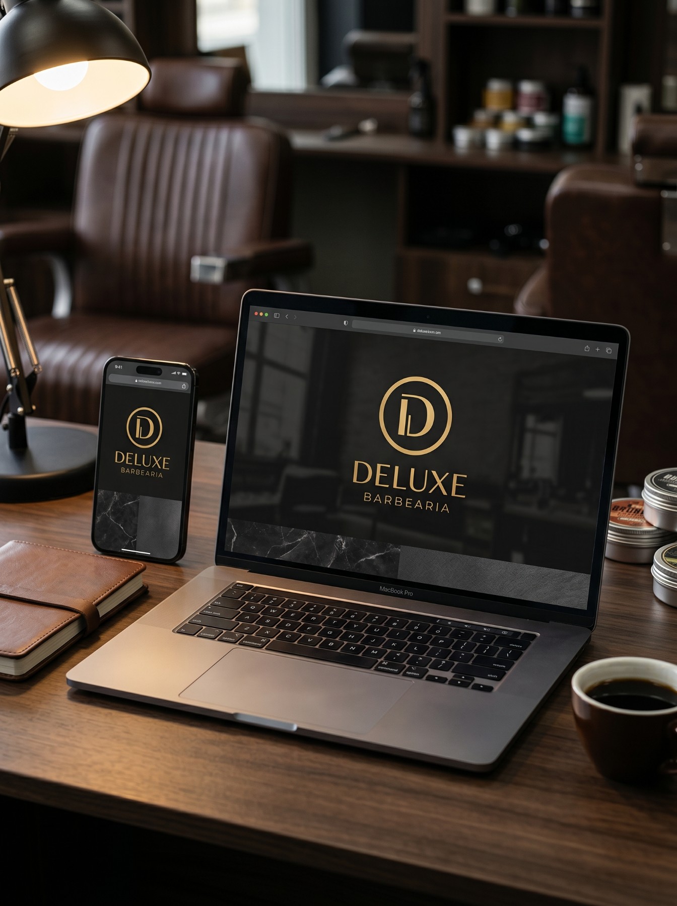 Laptop mostrando o site da Deluxe Barbearia