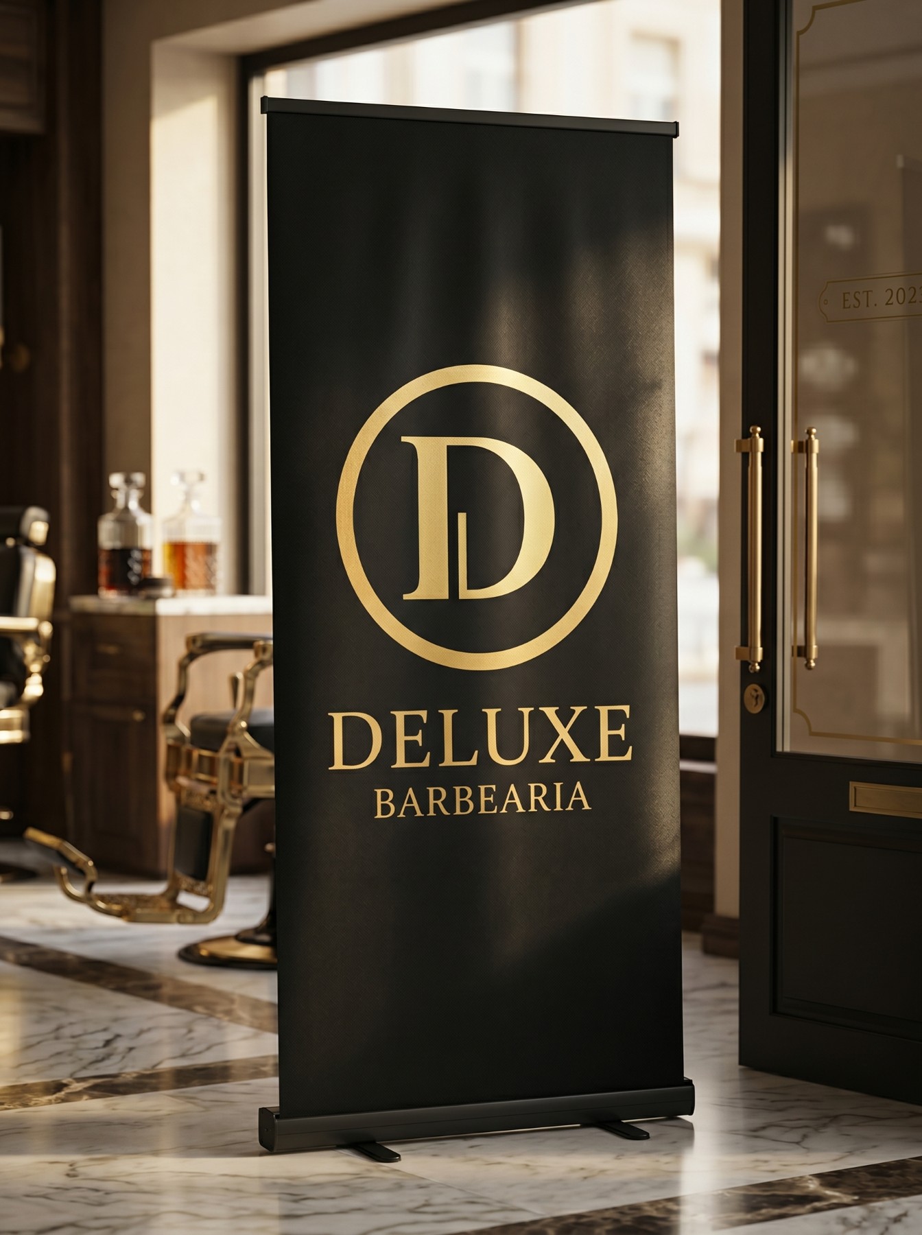 Porta de entrada de vidro com o D e o nome Deluxe Barbearia