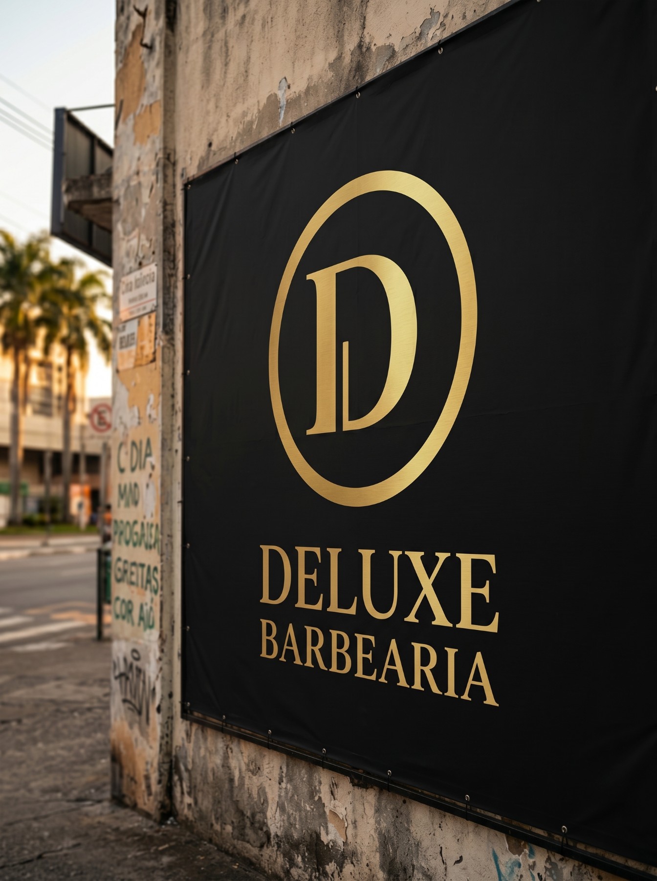Banner e letreiro grande da Deluxe Barbearia na rua