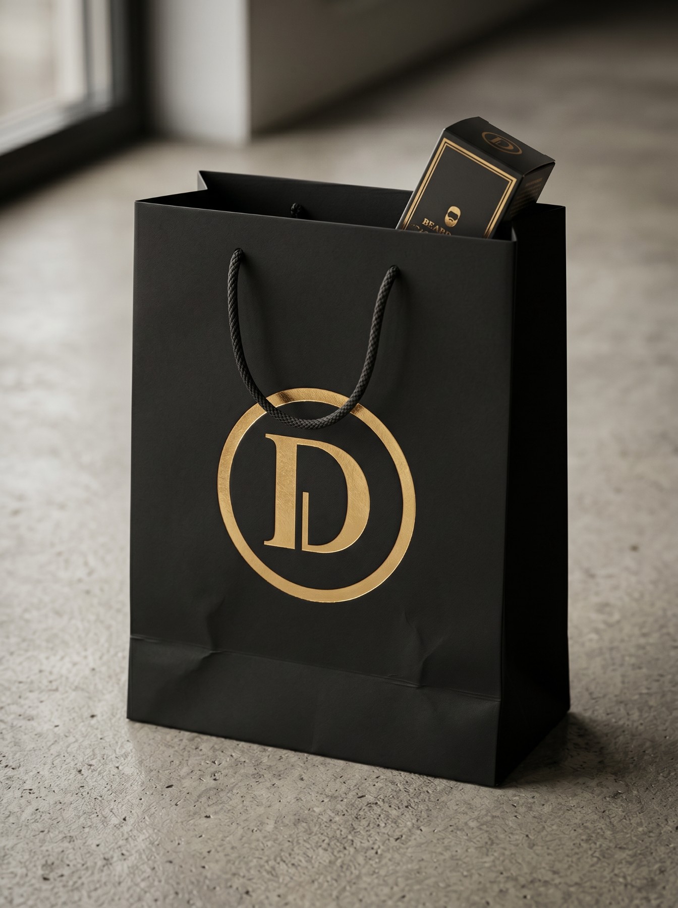 Sacola preta com o D dourado da Deluxe