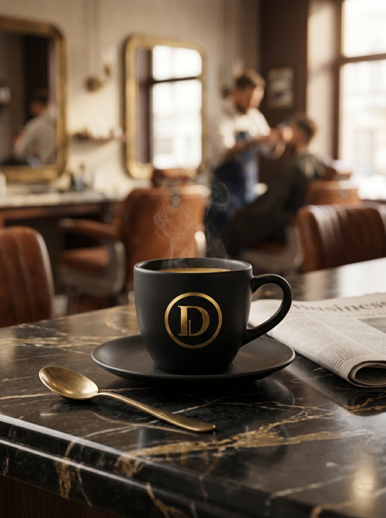 Xícara de café preta com o D dourado no lounge